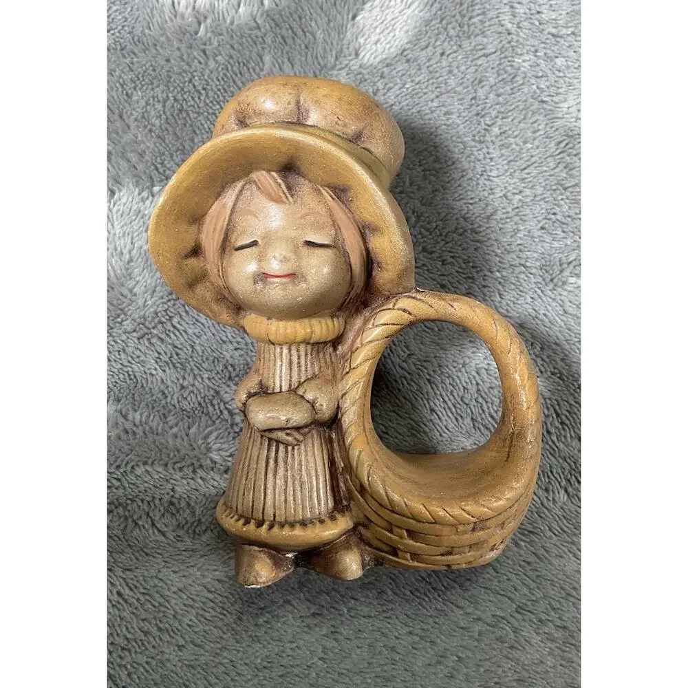 Vintage Ceramic Boy(6) & Girl(4) Napkin Rings Set Of 10 Green Brown Farmhouse